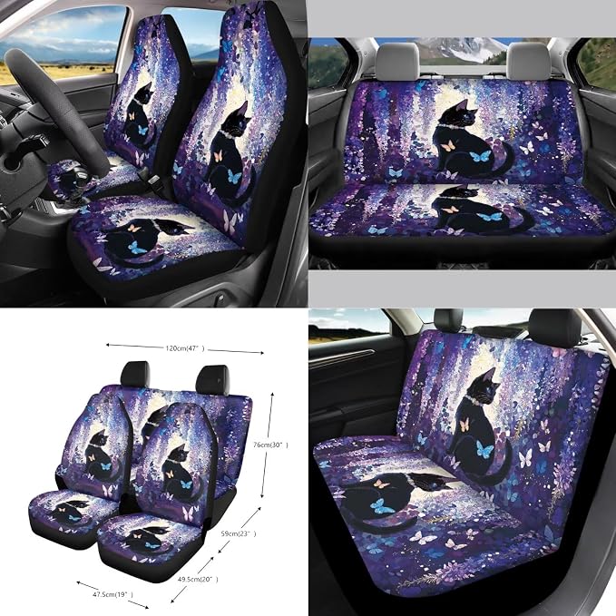Cat Butterfly Print Full Set Car Seat Covers with Accessories for Women, Including Car Front Rear Seat Covers Steering Wheel Cover Safety Belt Pads Garbage Bag etc, Purple