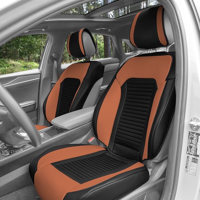 FH Group Front Set Faux Leather Car Seat Covers for Low Back Seat, Universal Fit, Airbag Compatible Car Seat Cushions for SUV, Sedan Brown