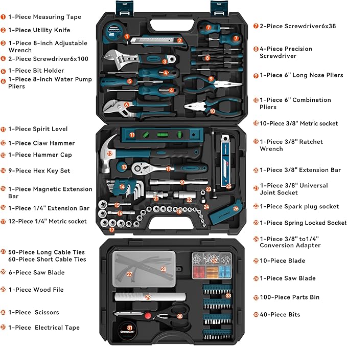 328 Piece Tool Kit For Home,Hand Repair Tool Set,Toolbox Storage Case with Drawer,General Household/Auto Tool Set,Perfect for Homeowner, DIY, Handyman (Blue and black)