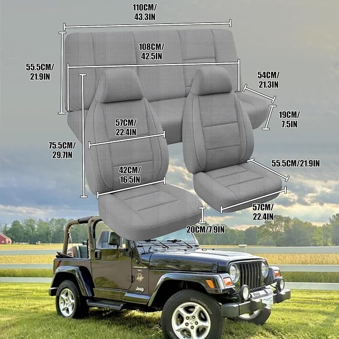 Custom Seat Covers for Jeep Wrangler TJ 1997 1998 1999 2000 2001 2002 Heavy Duty Cloth Protector Interior Accessories，Waterproof & Machine Washable, Foam Padded - Gray（Front & Rear）