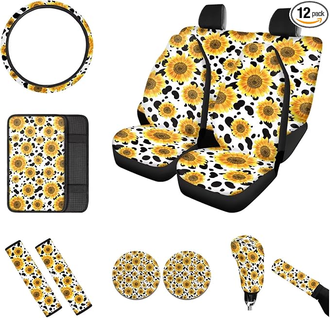 12 Pcs Cow Sunflowers Print Full Set Seat Covers for Cars with Steering Wheel Cover Seat Belt Cover Cup Holders Auto Center Console Pad Handbrake Cover Gear Shift Knob Cover