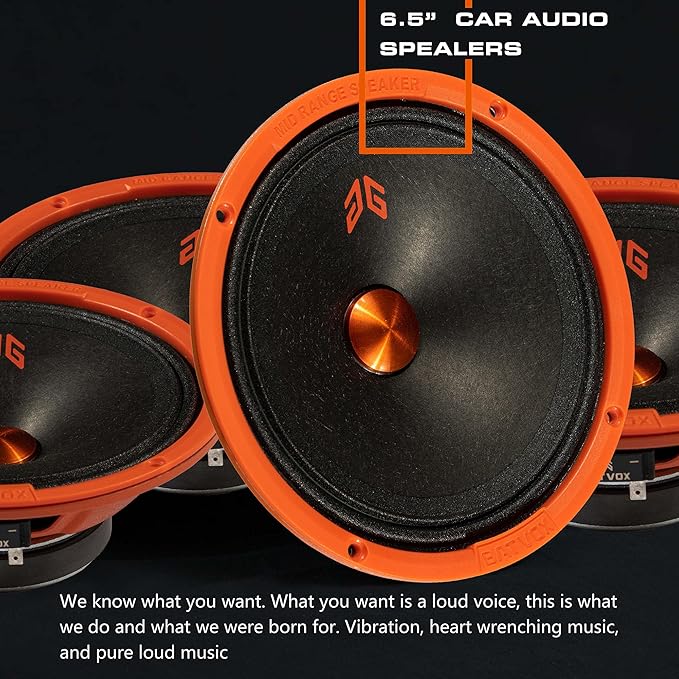 MX65P1 Loudspeaker 6.5 Inch Midrange 200 Watts 4 Ohms Orange Dust Cap, Premium Quality Audio Door Speakers for Car or Truck Stereo Sound System, Orange (2 Speakers)