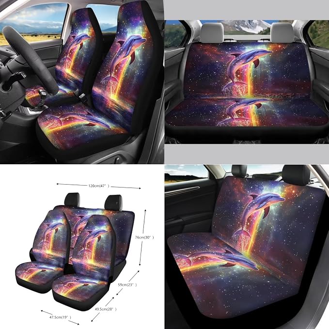 Dolphin Sea Galaxy Print 15 PCS Auto Interior Sets with Front and Rear Seat Covers, Steering Wheel Cover, Seat Strap Pads, Trash Can, Coasters Keychain and Air Vent Storage Bag