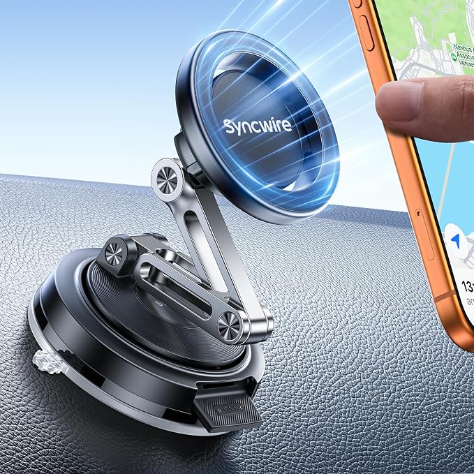 SYNCWIRE for MagSafe Car Mount [3-Axis Adjustable], Vacuum Magnetic Phone Holder with Replaceable Suction Cup Dashboard/Windshield, 360° Rotation & Foldable, for iPhone 17-12 Pro Max Plus
