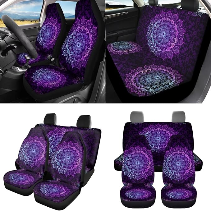 8 Pcs Purple Mandala Floral Car Seat Covers Full Set Car Accessories for Women Front Seat Cover Steering Wheel Armrest Cover Seat Belt Cover for Auto SUV Interior Decoration