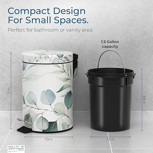 Sanilo Small Bathroom Trash Can with Lid [1.3 Gallon] - Lidded Tiny Trashcan for Garbage - Mini Metal Bin with Soft Closing Mechanism - Bath Room Accessoire Wastebin with Inner Bucket (Eucalyptus)