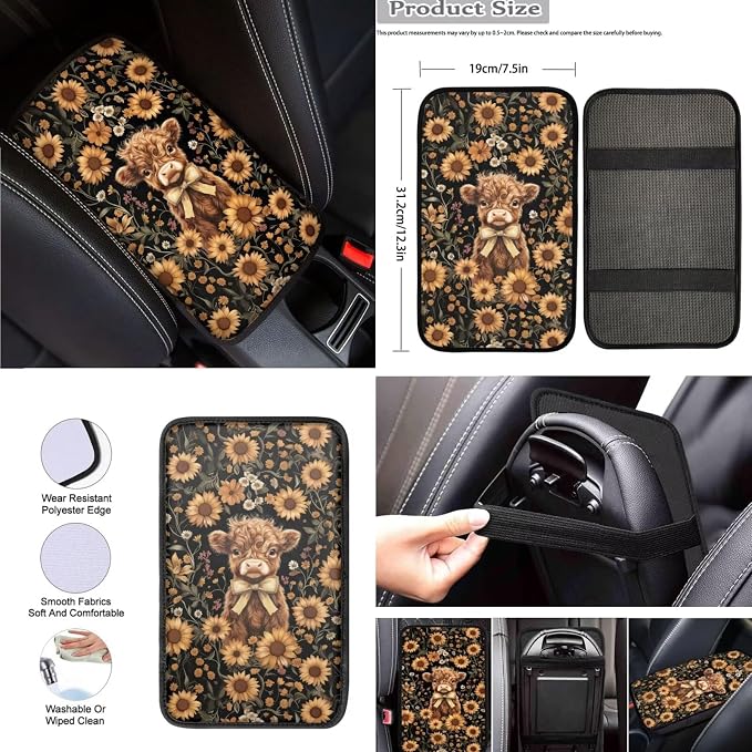 8 Pcs Sunflower Highland Cow Car Seat Covers Full Set Car Accessories for Women Front Seat Cover Steering Wheel Armrest Cover Seat Belt Cover for Auto SUV Interior Decoration