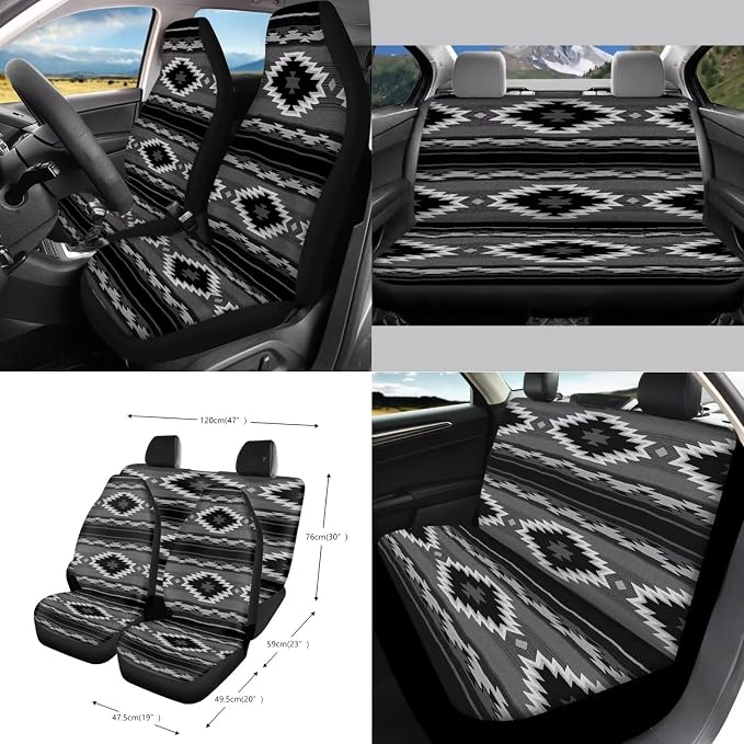 Wanyint Aztec Black 15 PCS Car Seat Cover Full Set, with Steering Wheel Cover Seat Belt Strap Cover Trash Cans Rear View Mirror Cover Cup Coaster Keychain Air Vent Storage Bag Car Decor Universal Fit