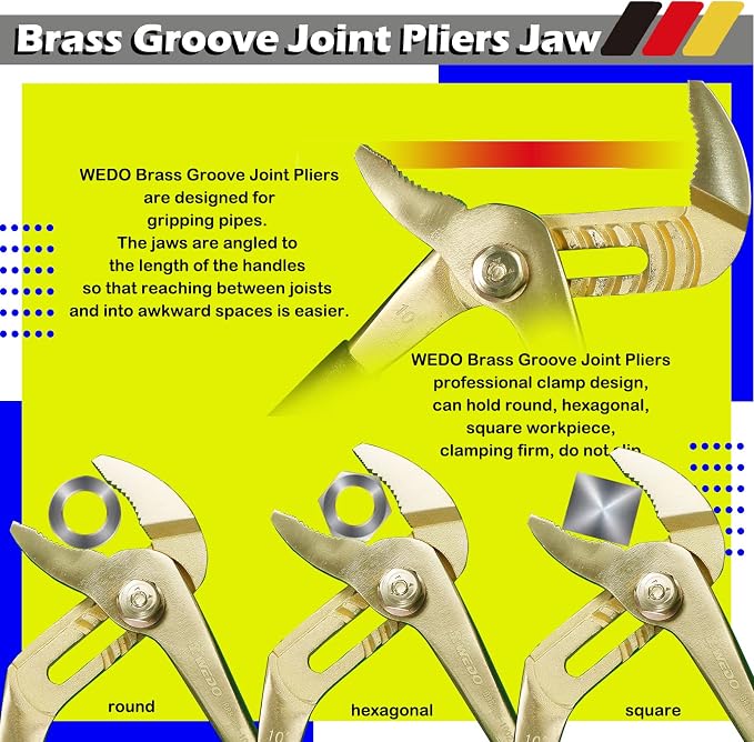 WEDO Brass Pliers Set - 4pc Non-Slip Handle, 8" Snipe Nose, 6" Slip Joint, 7" Diagonal Cutting, 10" Groove Joint