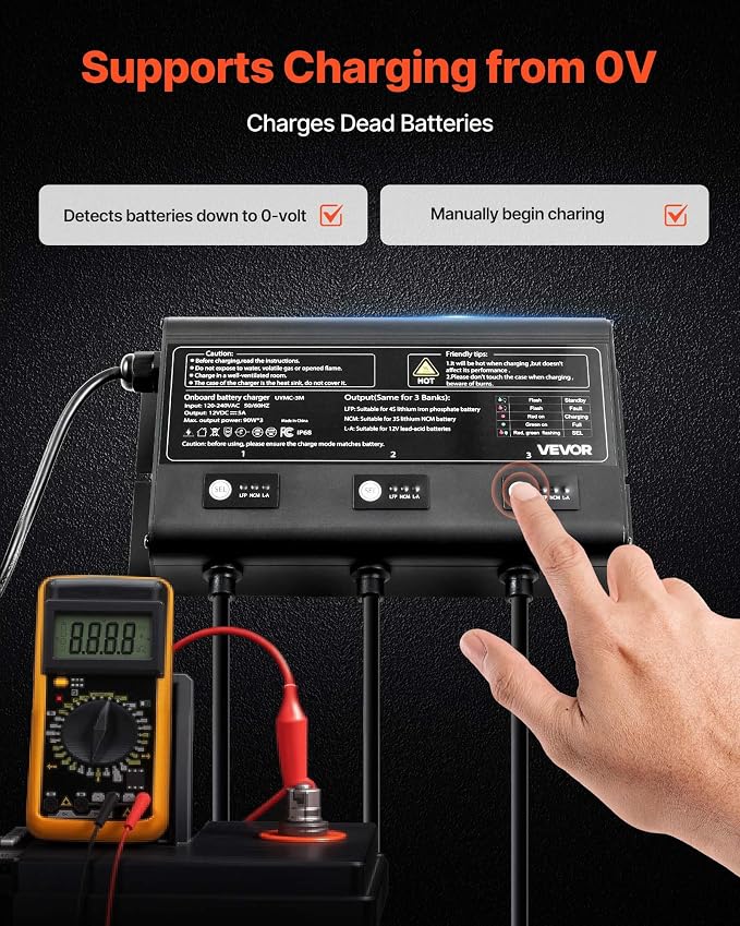 VEVOR Marine Battery Charger, 3-Bank, 5A × 3, 12V Onboard Boat Charger, IP68 Waterproof Smart On-Board Battery Charger for Lithium-Ion LiFePO4, NCM, Lead-Acid Batteries, Large Boat, Yacht, RV, Trailer