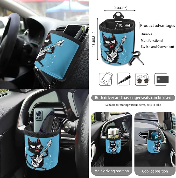 Cat Play The Guitar Print Car Seat Cover Full Set of 15 Seatbelt Strap Pad Steering Wheel Covers Rear View Mirror Cover Trash Cans Air Vent Storage Bag Cup Coasters Keychain