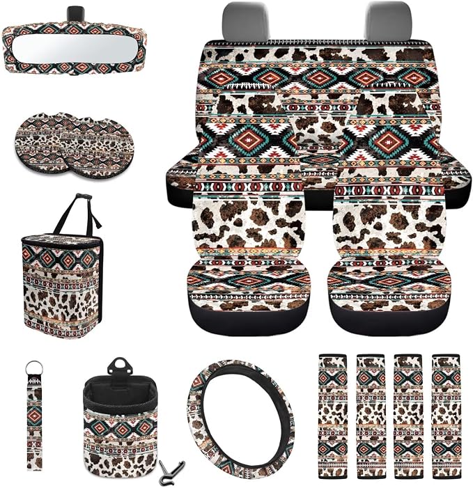 Wanyint Car Seat Covers Set for Women, with Steering Wheel Rear View Mirror Cover Seat Belt Pads Trash Bin Sunglass Pocket Coasters Key Chain Car Accessories, 15 PCS Set, Aztec Navajo Cow Print