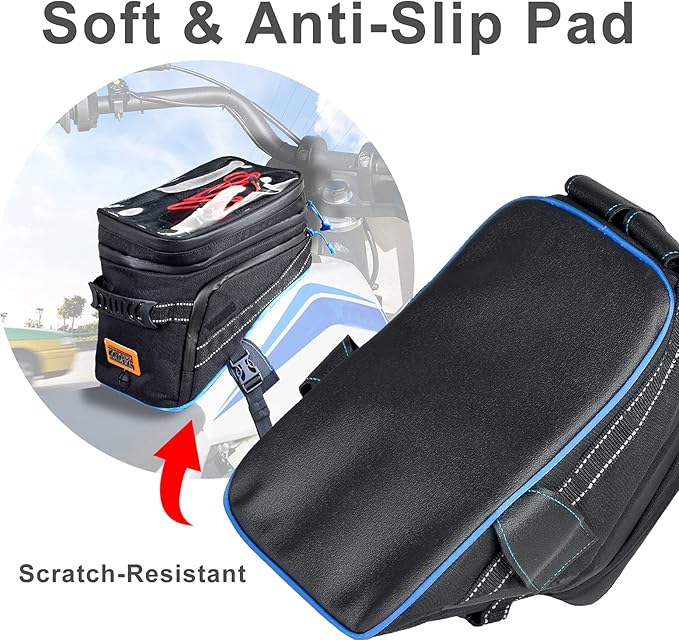 Goldfire Motorcycle Tank Bag Storage Bags Expandable ADV Gas Oil Fuel Tank Saddle Bag with Strong Strap Mount Water Resistant (Blue Piping)