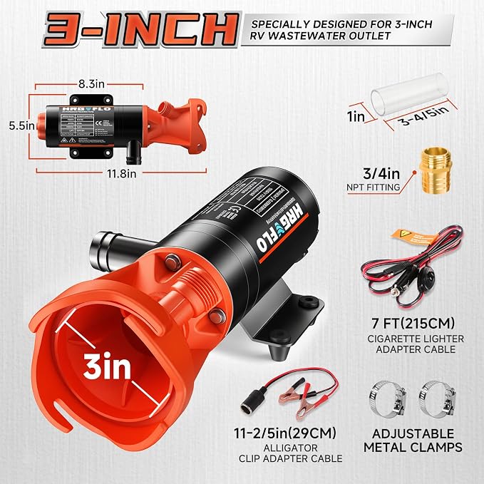 RV Macerator Pump 12V,Portable Macerator Waste Pump,12GPM Suction 3.2 feet Lift 10 feet with Garden Hose Discharge Port,Quick Release Sewage Pump with Fresh Water Rinse and Manual Crushing Function.
