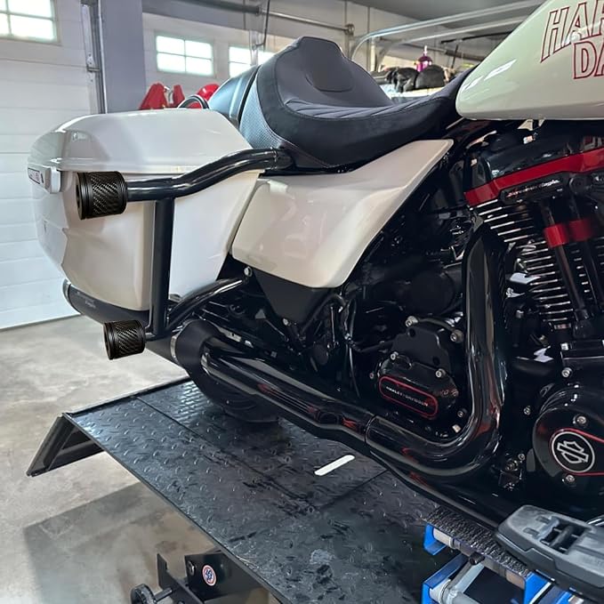 Motorcycle front and rear crash bar decorative wheels, engine crash bar sliders, and saddlebag crash bar decorative covers, CNC machined with embedded carbon fiber accents. (black)