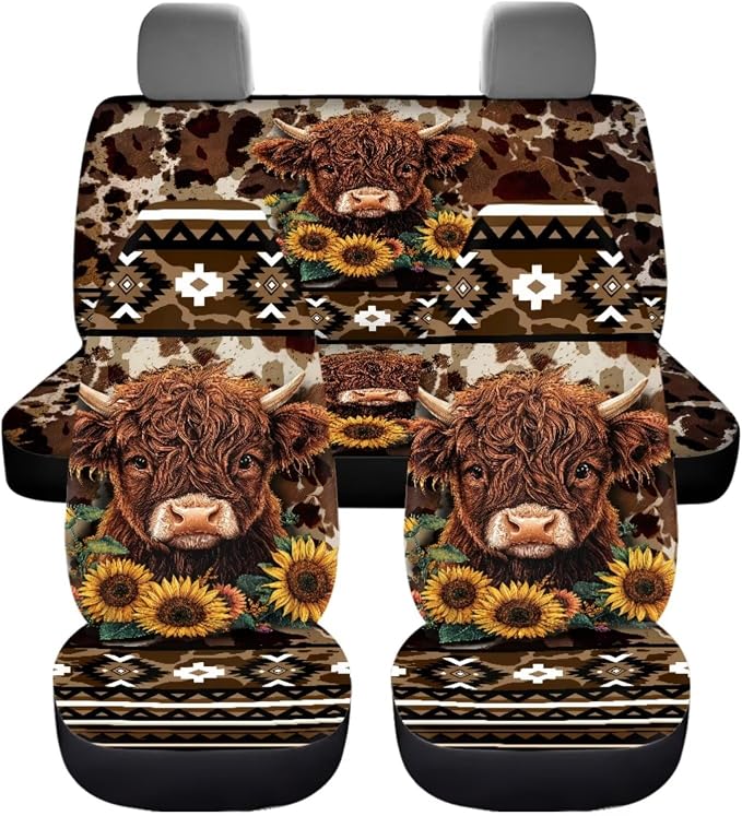 Dreaweet Aztec Brown Cow Print Car Seat Covers Full Set Cute Sunflower Highland Cow Car Accessories,Car Steering Wheel Cover Armrest Cover Seat Belt Pads Cup Holders Gear Shift Cover Handbrake Cover
