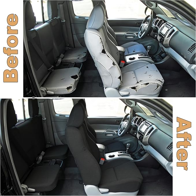 Bench Seat Covers for Toyota Tacoma Crew Cab 2005 2006 2007 2008 2009 2010 2011 2012 2013 2014 2015 Heavy Duty Cloth Protector Accessories with Non-Folding Passenger Seat，Black（Full）