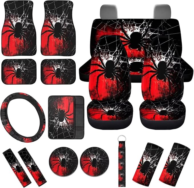 Gothic Spider 17 Pcs Car Accessories Seat Covers Full Set Steering Wheel Cover Floor Mats Center Console Pad Cup Holders Seat Belt Pads for Women Men Car Interior Decor
