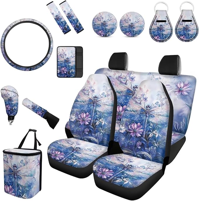 Forchrinse Dragonfly Floral Car Seat Covers for Women 15Piece Soft Auto Accessories Set with Steering Wheel Cover/Armrest Cover/Seatbelt Shoulder Pads/Trash Can/Key Chain