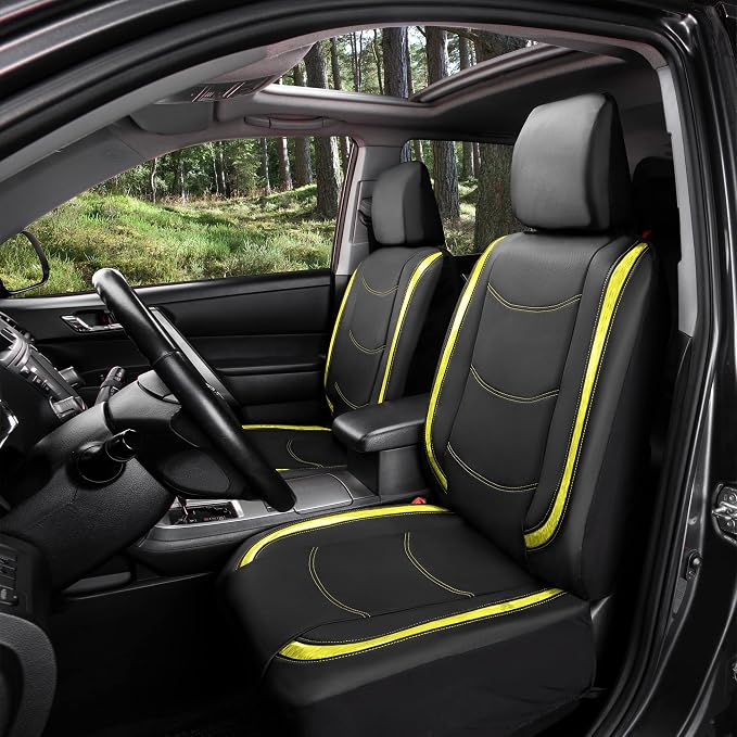 FH Group Galaxy13 Metallic Striped Deluxe Leatherette Car Seat Covers with Matching Carpet Floor Mats – Full Set, Universal Fit, Airbag Compatible for Cars, SUVs & Sedans, Yellow