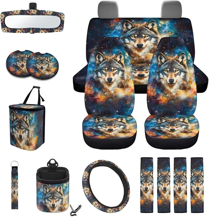 Wolf Galaxy Print Auto Seat Cushion + Steering Wheel Protector + Keychain + Mirror Cover + Seatbelt Pad + Air Vent Storage Bag + Trash Can + Cup Holders, Set of 15