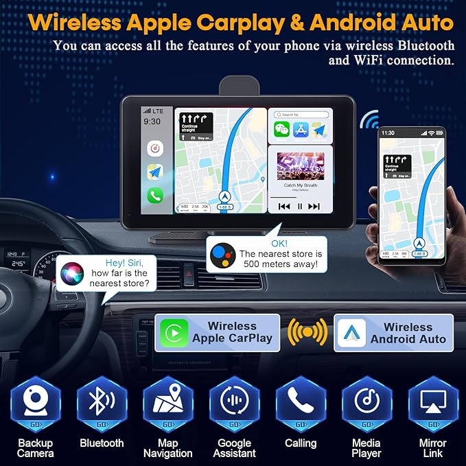 Wireless Apple CarPlay with Dash Cam: 7″ Carply Screen for Car with Backup Camera - 5-Min Plug-and-Play Upgrade for Older Cars - GPS Navigation, Bluetooth, Siri Voice Control