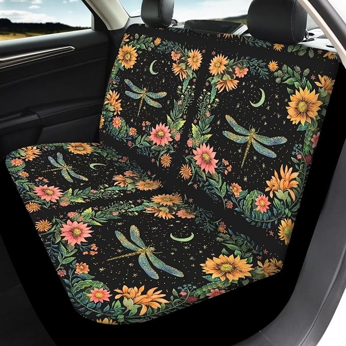 BIGCARJOB Flower Dragonfly Car Seat Cover Full Set of 12 Pcs Car Interior Accessories Set,Moon Dragonfly Steering Wheel Covers,Universal Seat Belt Pads,Armrest Cover,Cup Holder