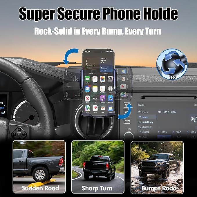 Car Phone Mount for Toyota Tacoma 2016–2023, Smart Auto-Clamping on Custom Dashboard Base, 15W Wireless Fast Charging, 360° Adjustable, Without Blocking Airflow, Toyota Tacoma Essential Accessories