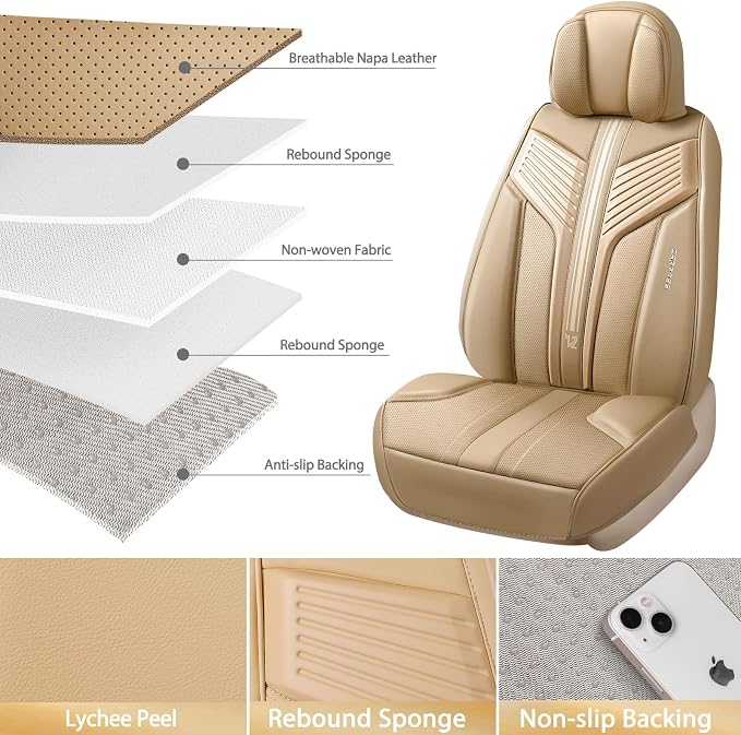 CAR PASS Nappa Leather Seat Covers, Breathable Waterproof Car Seat Covers Full Set, Luxury 3D Sponge Support Full Coverage Seat Protector, Universal Fit SUV Pick-up Truck Sedan Automotive All Beige