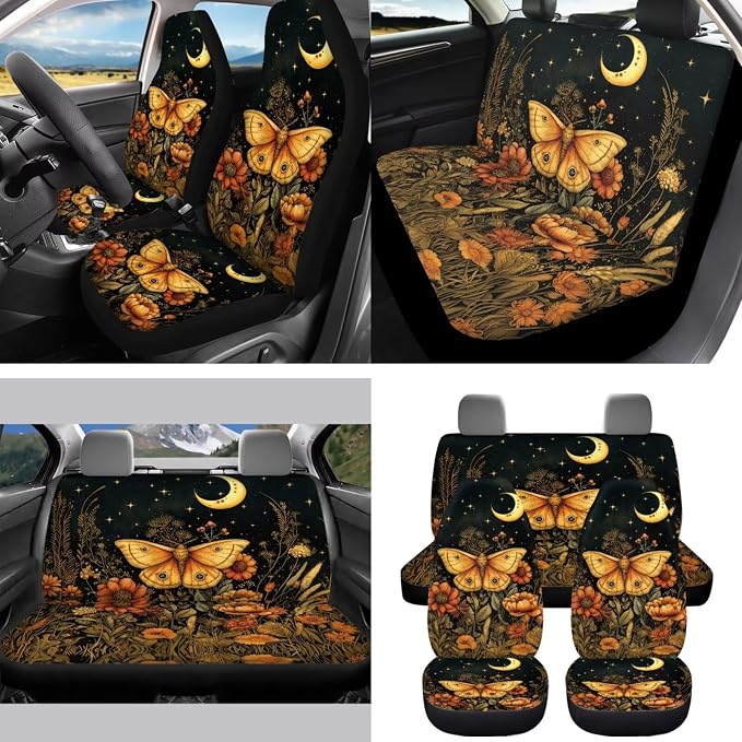 Moon Moth Car Aaccessories Full Set of 15 Pcs, Mushroom Car Seat Covers Set with Rear View Mirror Cover,Steering Wheel Covers,Car Trash Can with Lid for Women Man,Universal Fit