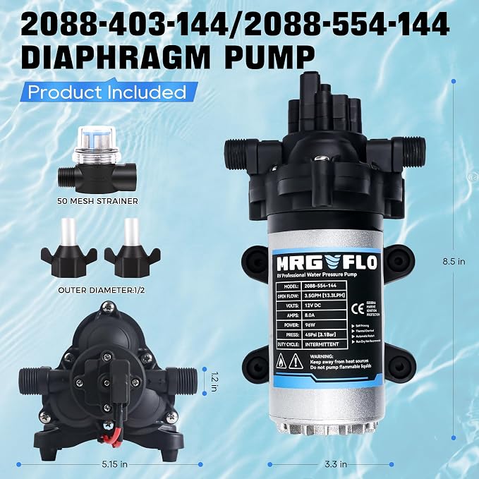 Upgraded Rv Water Pump 2088-554-144/2088-403-144 Diaphragm Pump,12 V 45 PSI RV Water Pump,3.5 Gallons Per Minute Fresh Water Pump with 1/2MNPT Connection for RV Marine Yacht