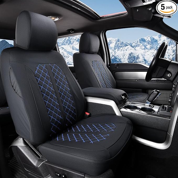 Truckiipa Seat Covers for Ford F150 Front Leather Truck Seat Cover Cushion Protector Custom Fit for 2015-2026 Ford F150 SuperCrew, 2017-2026 F250 F350 F450 Super Duty Crew Cab, Front Pair, Black&Blue