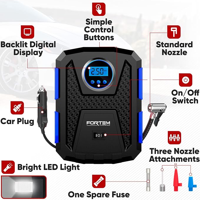FORTEM Tire Inflator Portable Air Compressor (Blue) + Trunk Organizer