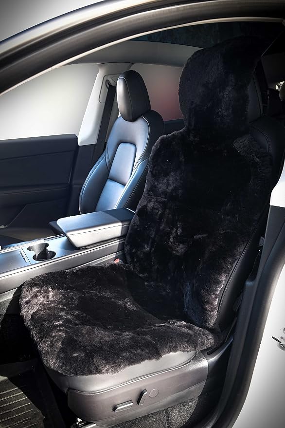 Natural Sheepskin Car Seat Covers for Women and Men | 100% Genuine Sheepskin Fur Seat Covers for Cars, Jeeps, SUVs with Elastic Straps and Non-Slip Suede Backing, 56 x 23”, 1 Pc (Black)