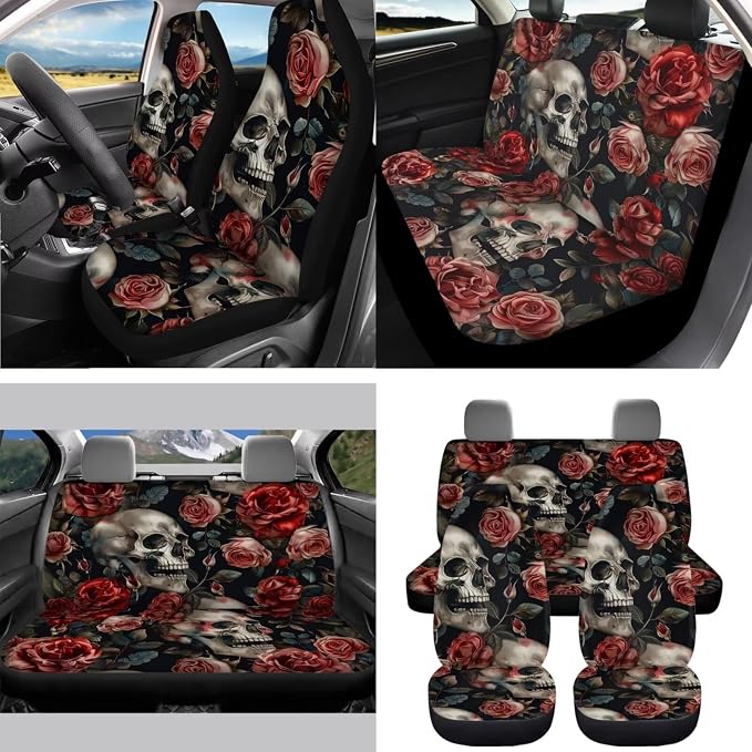 Rose Skull Car Seat Covers Full Set for Women Floral Car Accessories Steering Wheel Cover Seatbelt Pad Coasters Trash Can Car Headrest Pillow Covers Armrest Pad