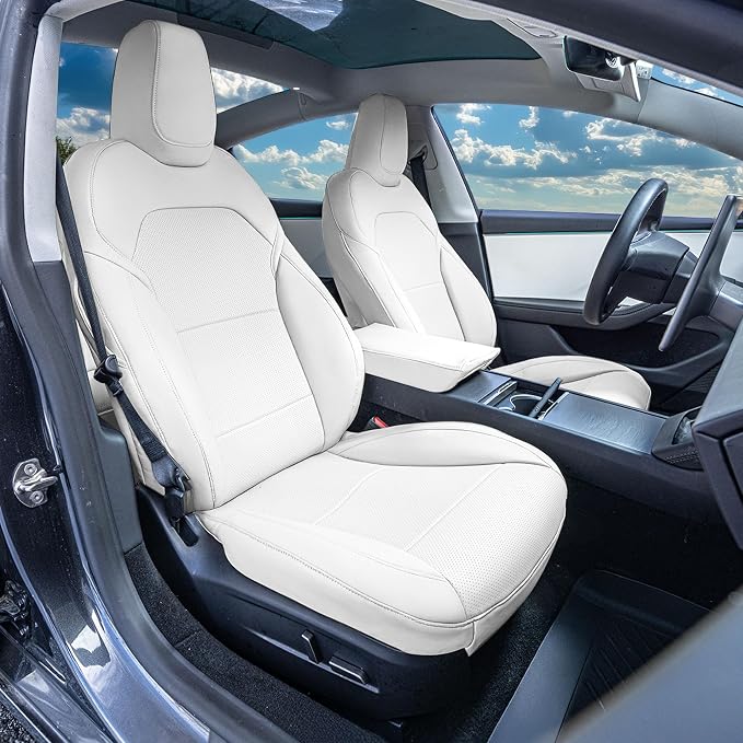 FH Group Custom Fit Seat Covers Compatible with Tesla Model 3 2024–2026 Front Set Seat Covers for Tesla Sedan (2 Front Seats + Console) Faux Leather Car Seat Covers, Solid White