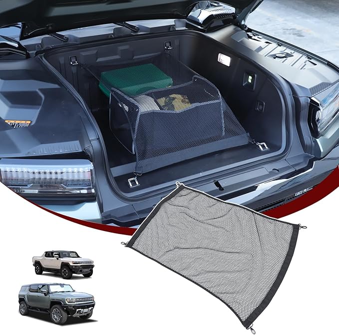 Front Trunk Cargo Net for Hummer EV Accessories Envelope Style Storage Stretchable Highly Elastic Front Trunk Cargo Net for Hummer EV SUV Pickup 2022-2024 2025 Double Mesh Netting with Metal Hooks