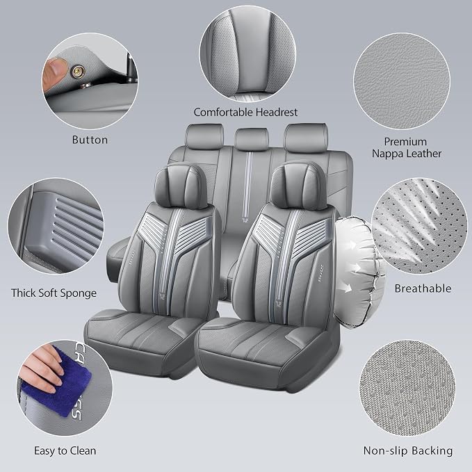 CAR PASS Nappa Leather Seat Covers, Breathable Waterproof Car Seat Covers Full Set, Luxury Leather Front and Back Seats Full Coverage, Universal Fit SUV Pick-up Truck Sedan Automotive(Gray)