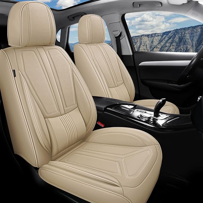 otoez Car Seat Covers Full Set, 5 Seats Nappa Leather Seat Cover for Car, Breatheable and Waterproof Seat Protector Full Coverage, Universal Automotive Seat Cushion for SUV Truck Seden, Beige