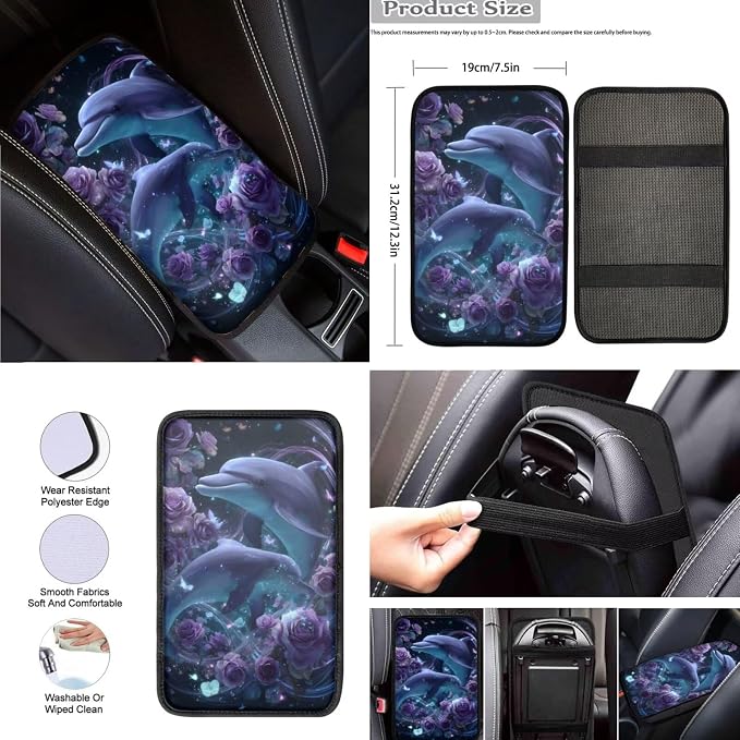 Purple Rose Dolphin Car Seat Covers Full Set 8 Pcs Car Accessories for Women Front Seat Cover Steering Wheel Armrest Cover Seat Belt Cover for Auto SUV Interior Decoration