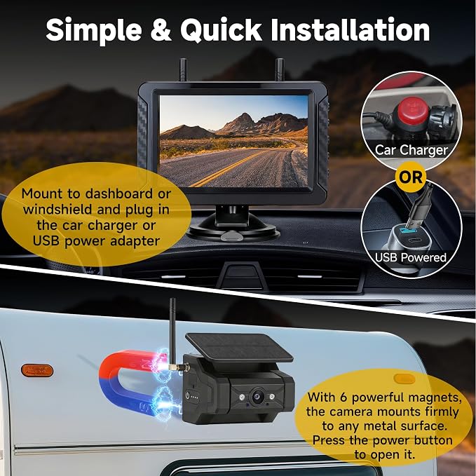 Magnetic Solar Wireless Backup Camera for Truck RV Car Trailer Pickup: HD 1080P No Wiring No Drilling IR Night Vision IP69K Waterproof Rechargeable Portable Backup Camera with 5" IPS 2-Split Monitor