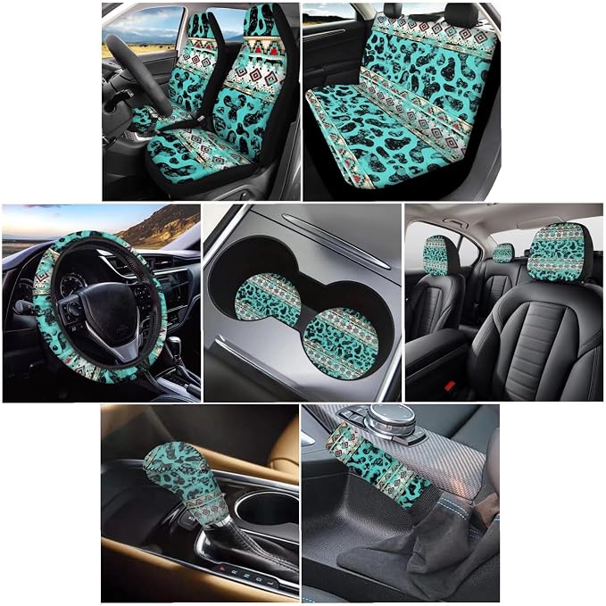 Wanyint Aztec Cow Print Teal Car Seat Cushion Cover Full Set 11 PCS, with Car Steering Wheel Cover Coasters Handbrake Protector Gear Shift Knob Cover Headrest Covers Universal Fit Most Vehicles