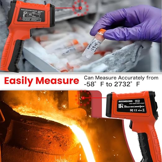 -58°F to 2732°F Infrared Thermometer Gun, Industrial 50:1 Ratio | Built for Kilns, Furnaces & Metal Processing • 13-Point Laser Guidance • MIN/MAX/AVG/DIF Analysis