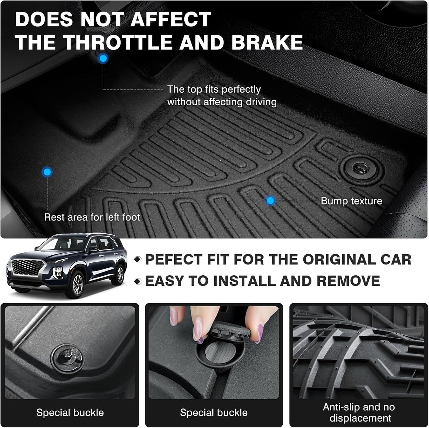 Powerty Floor Mats for 2020-2024 2025 Hyundai Palisade Accessories All Weather Floor Liner 3D TPE 1st & 2nd Row Floor Mat Heavy-Duty Floor Liners