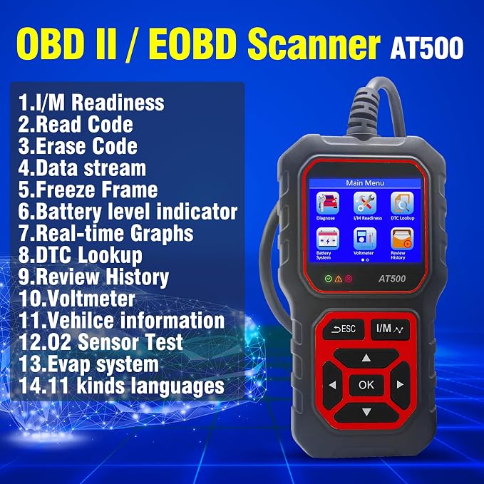 AT500 Car OBD2 Scanner Code Reader Engine Fault Code Reader Professional Diagnostic Tool Check Engine Light Scan Tool for OBD II Protocol Cars Since 1996