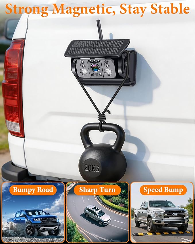 1080P HD Magnetic Wireless Backup Camera: Easy Install in Seconds | Clear Night Vision for Hitching & Parking - 25H Long Battery Life Solar Rear View Camera for Trucks, Pickups, Trailers
