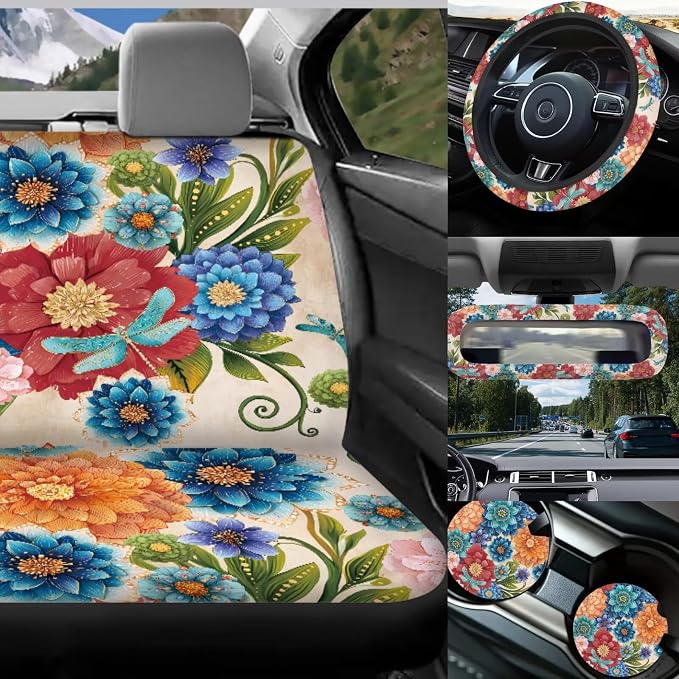 17 Pieces Hippie Lotus Car Seat Covers Full Set for Women with Auto Interior Set Decor,Madala Car Accessories with Steering Wheel Cover,Car Headrest Cover,Car Trash Can with Lid,Universal Fit