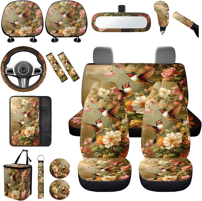 Hummingbird Flower Car Seat Covers Full Set 17 Pack for Women Car Accessories Set with Auto Head Rest Covers,Trash Can Bin for Back Seat Leak Proof,Seat Belt Cover Pad,Cup Coasters