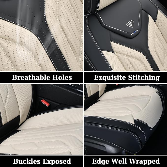 Coverado Seat Covers, Car Seat Covers Full Set, Leather Seat Covers for Cars, Automotive Seat Covers Car Seat Protector Car Accessories Fit for Most Sedans SUV Pick-up Truck(Black&Beige)