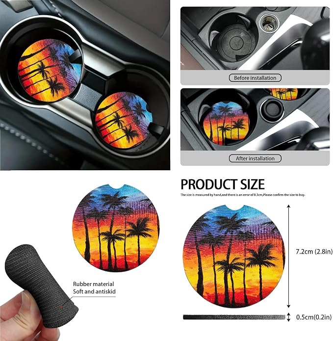 Tropical Palm Tree Print 15 Pack Car Seat Cover Set with Steering Wheel Covers Seatbelt Strap Pad Garbage Cans Rear View Mirror Cover Coasters Key Chain Universal Fit